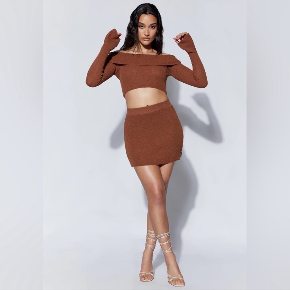 NWT Meshki Esme Off-Shoulder Knit Skirt and Top Set in Clay, Size Small